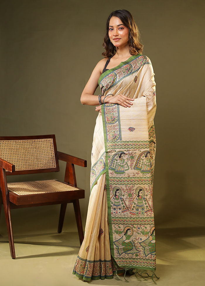 Cream Tussar Silk Saree With Blouse Piece