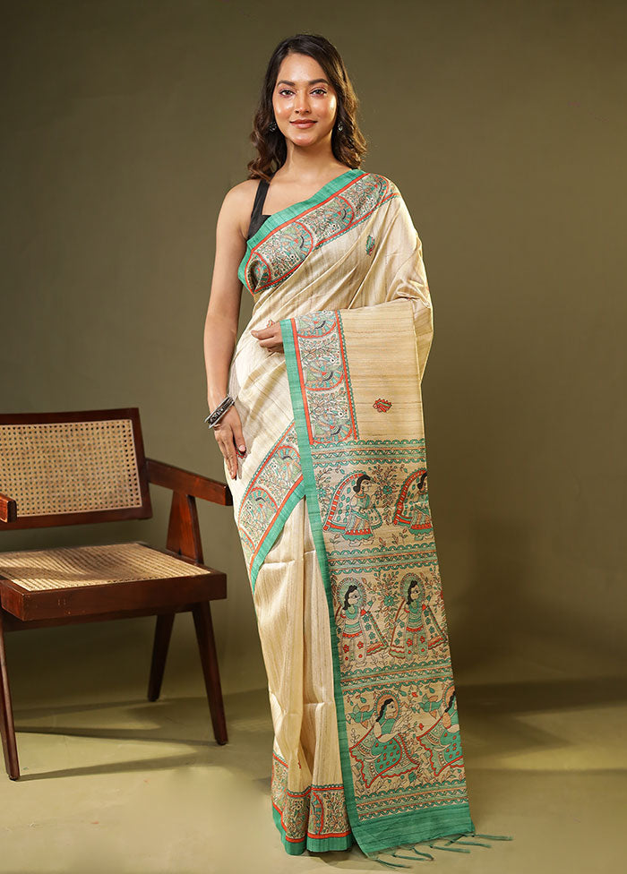 Cream Tussar Silk Saree With Blouse Piece