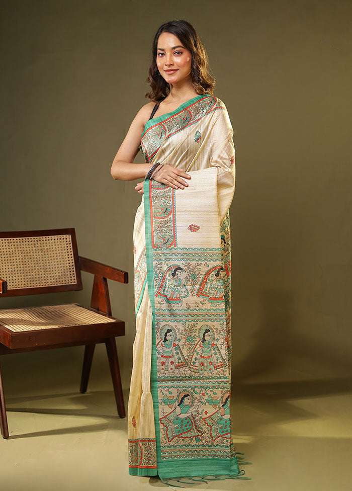 Cream Tussar Silk Saree With Blouse Piece