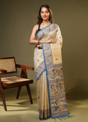 Cream Tussar Silk Saree With Blouse Piece