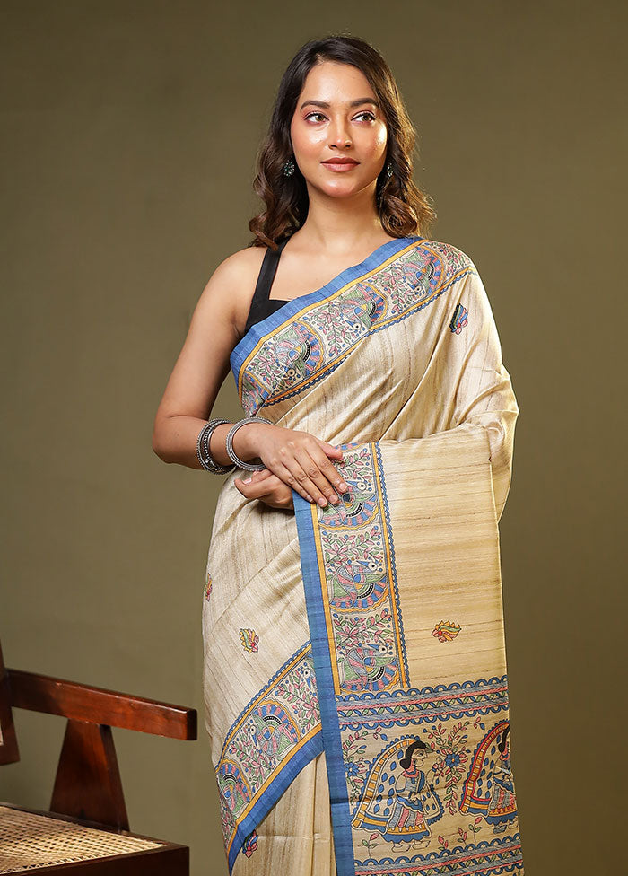 Cream Tussar Silk Saree With Blouse Piece