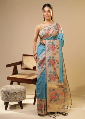 Blue Tussar Silk Saree With Blouse Piece
