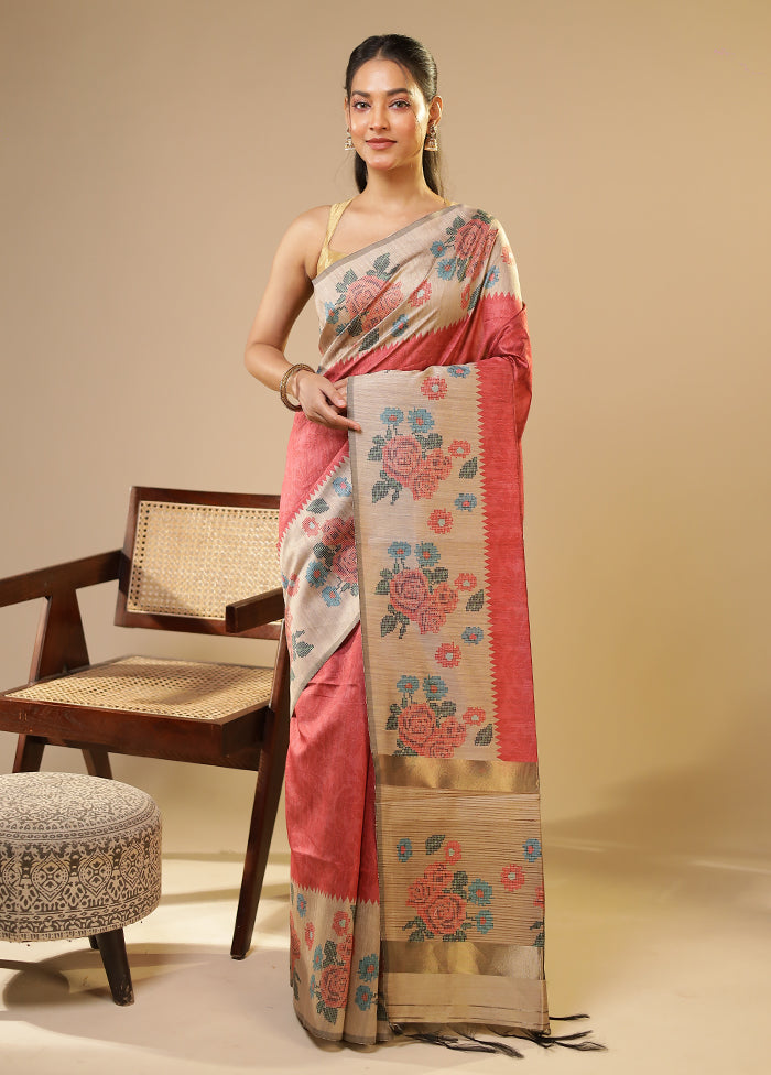Pink Tussar Silk Saree With Blouse Piece