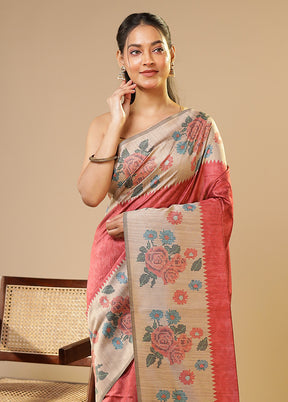 Pink Tussar Silk Saree With Blouse Piece