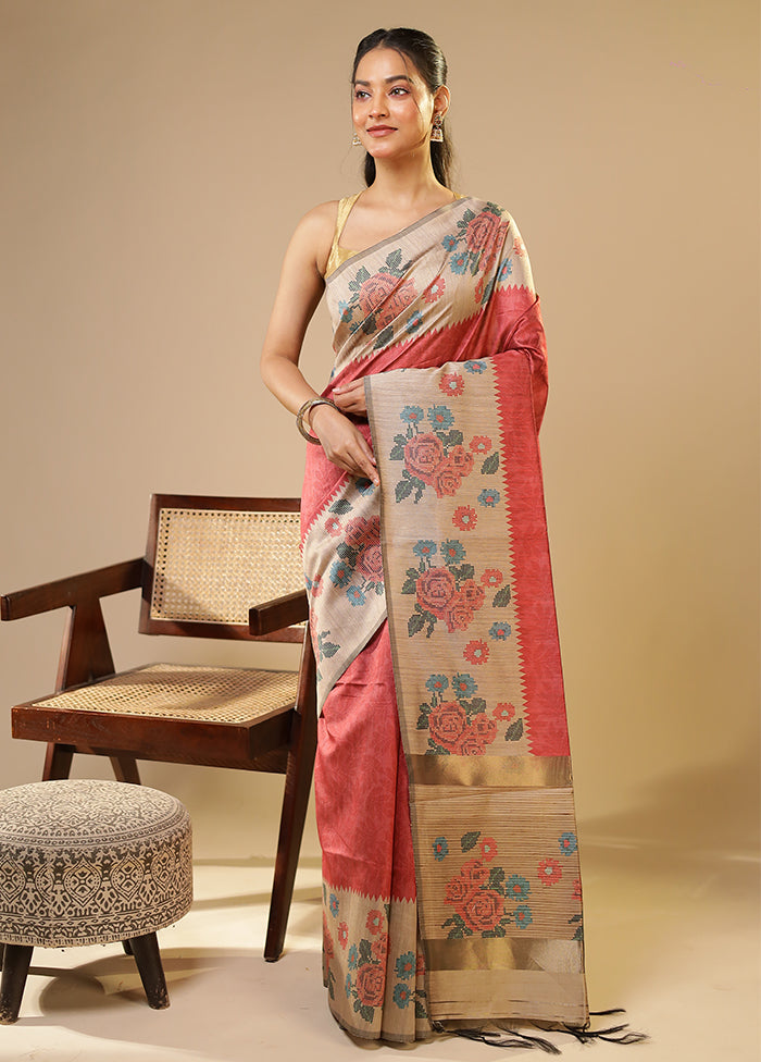 Pink Tussar Silk Saree With Blouse Piece
