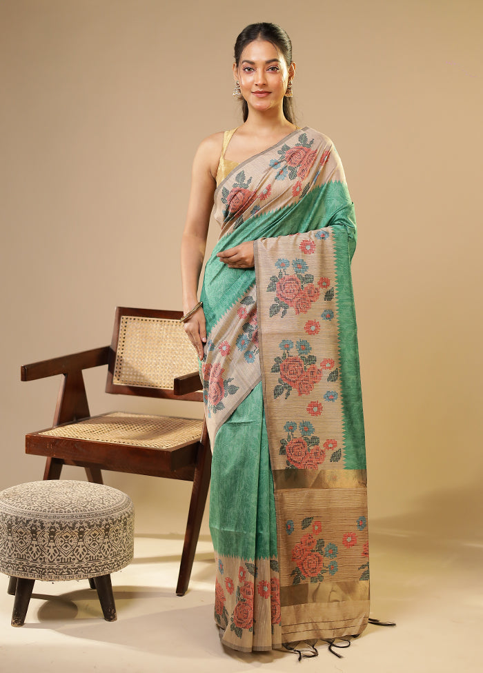 Green Tussar Silk Saree With Blouse Piece