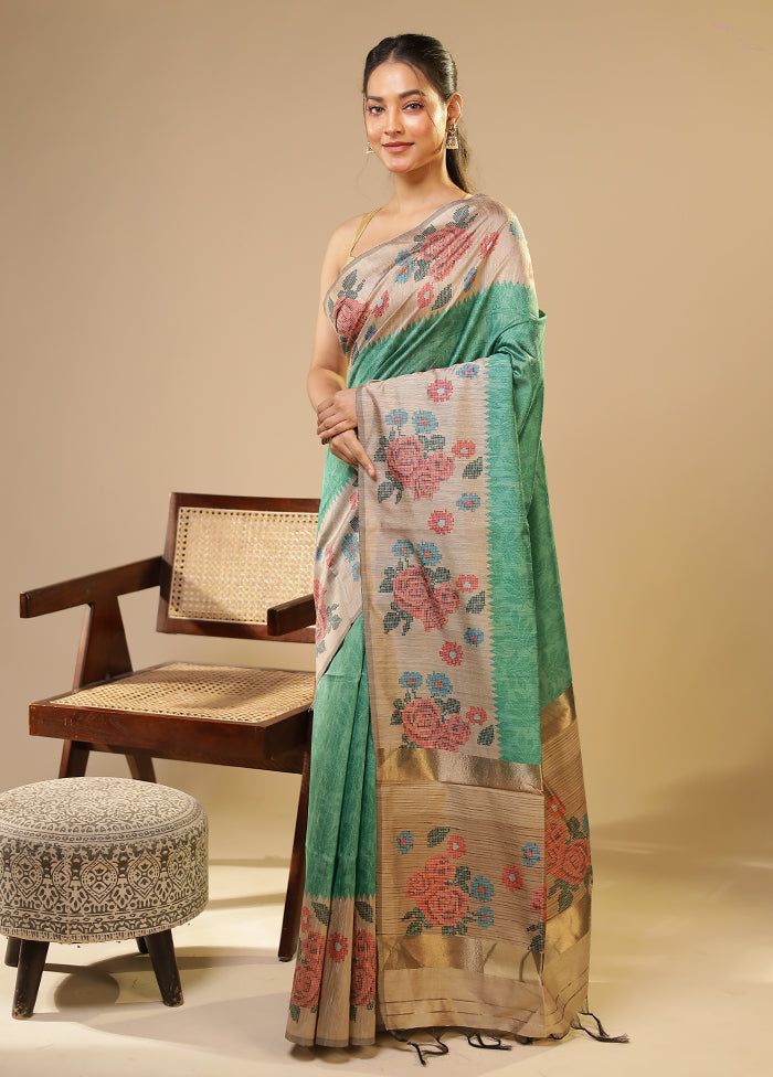 Green Tussar Silk Saree With Blouse Piece