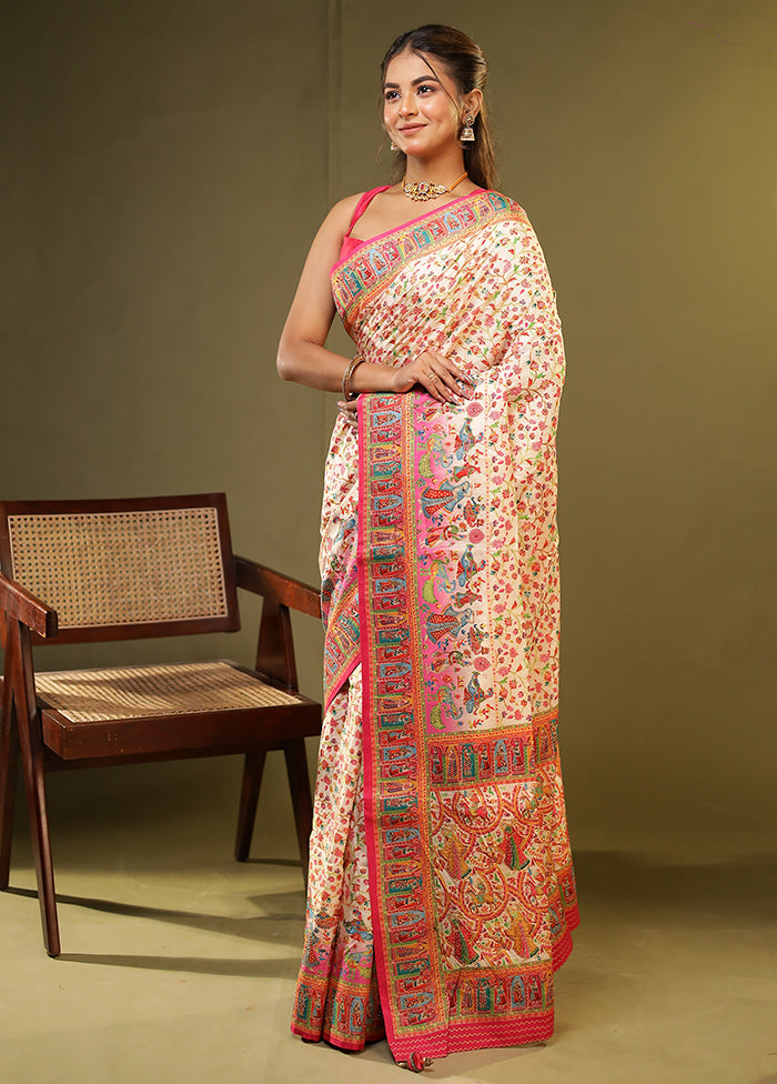 Cream Dupion Silk Saree With Blouse Piece