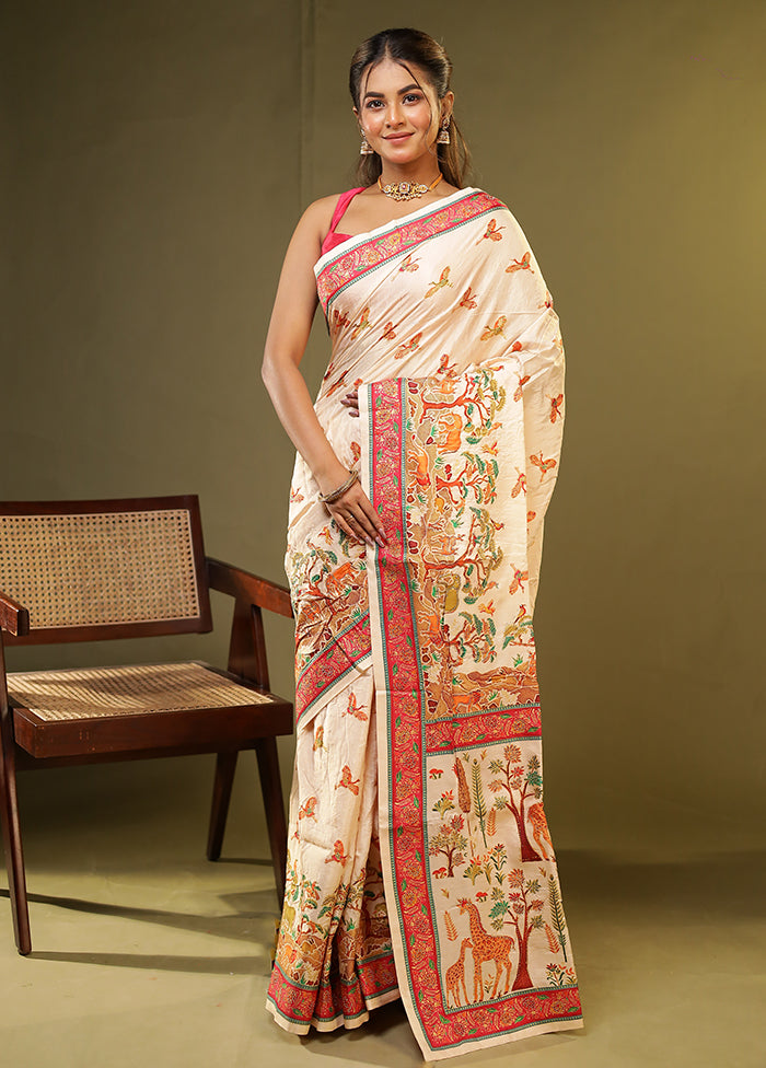 Cream Dupion Silk Saree With Blouse Piece