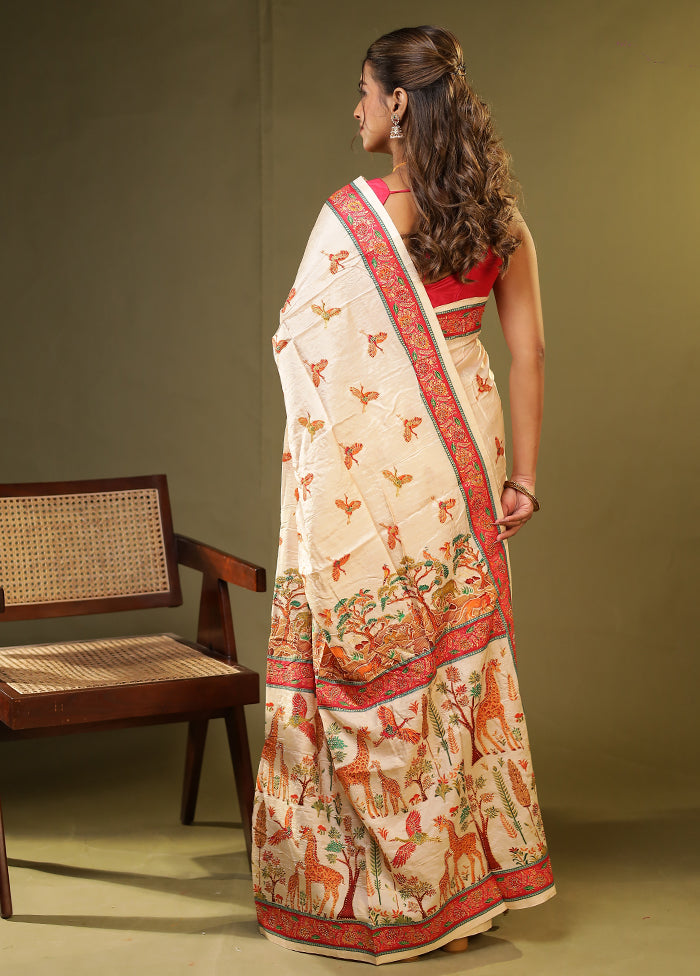 Cream Dupion Silk Saree With Blouse Piece