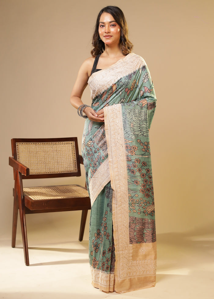 Green Tussar Silk Saree With Blouse Piece