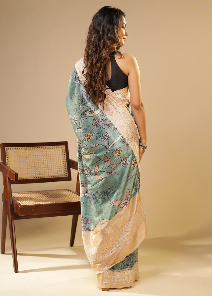 Green Tussar Silk Saree With Blouse Piece