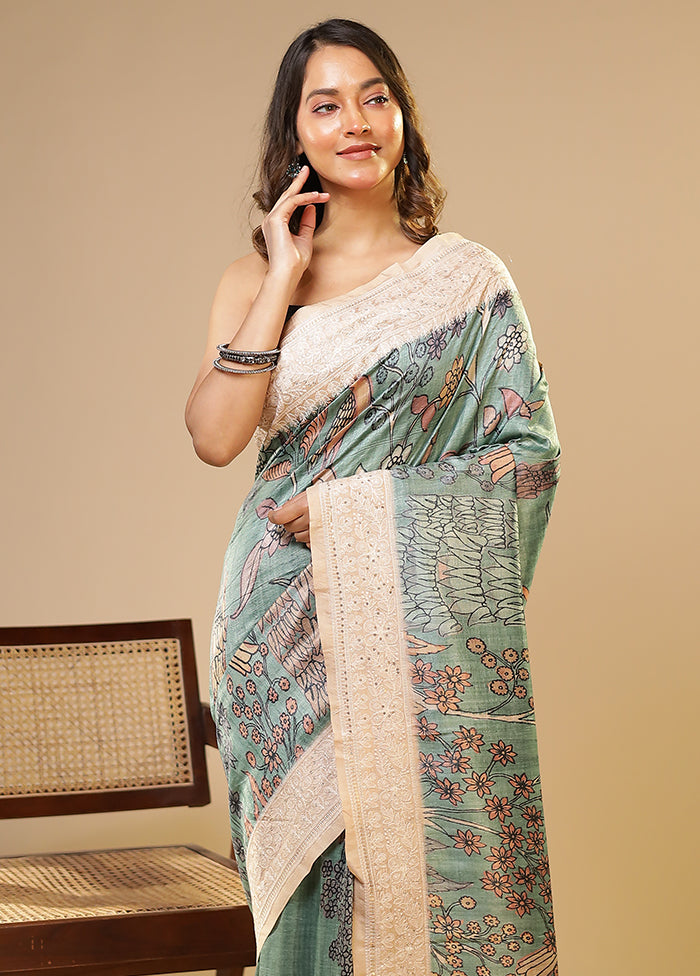 Green Tussar Silk Saree With Blouse Piece