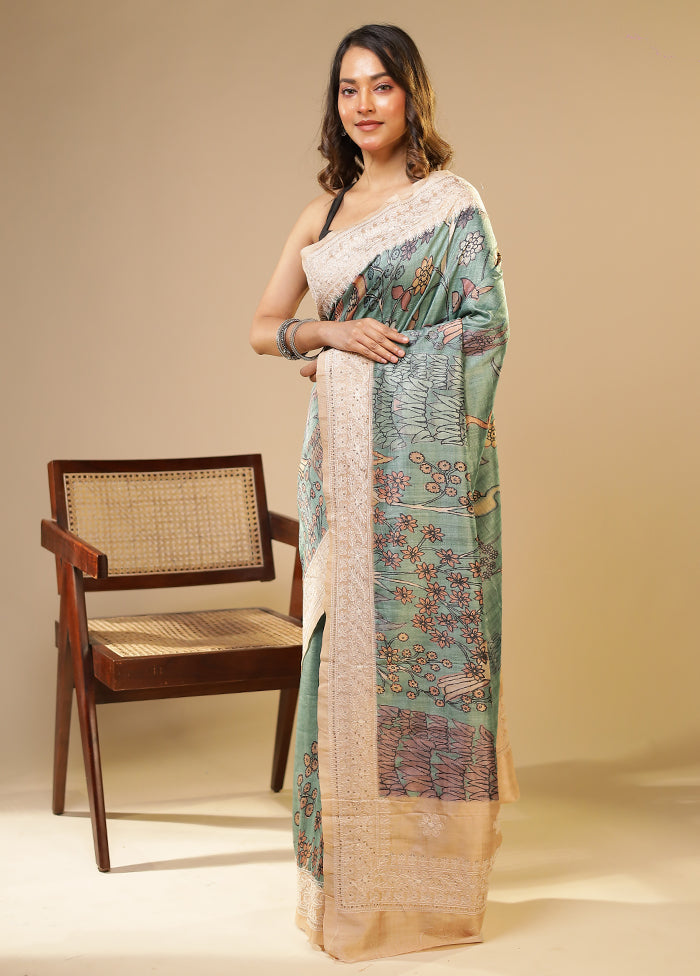 Green Tussar Silk Saree With Blouse Piece