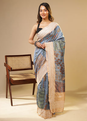 Blue Tussar Silk Saree With Blouse Piece