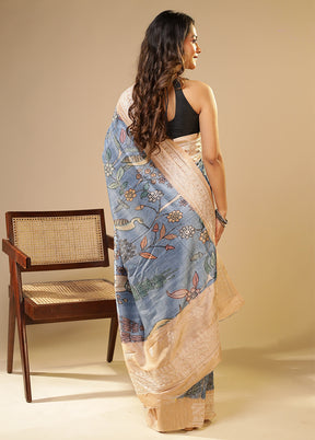 Blue Tussar Silk Saree With Blouse Piece