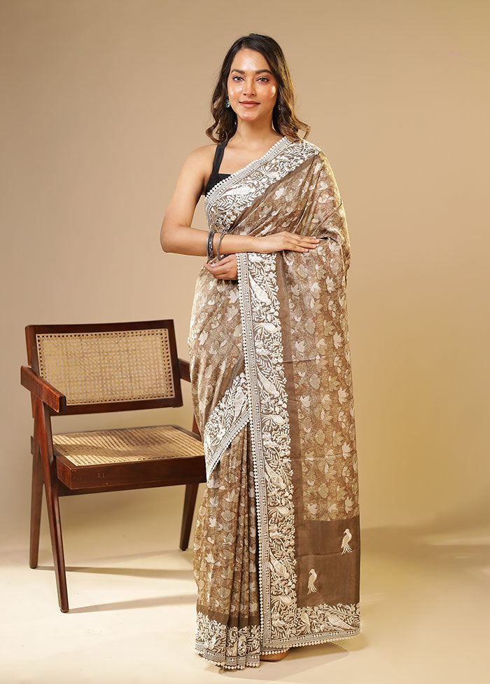 Cream Tussar Silk Saree With Blouse Piece