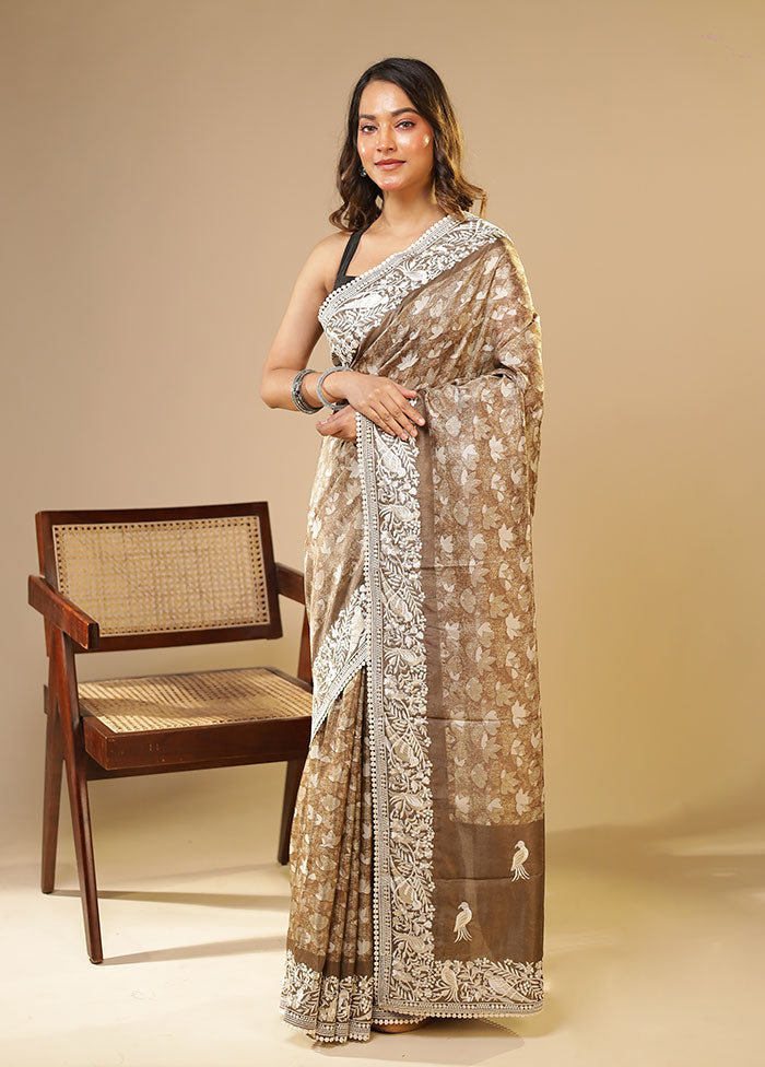 Cream Tussar Silk Saree With Blouse Piece