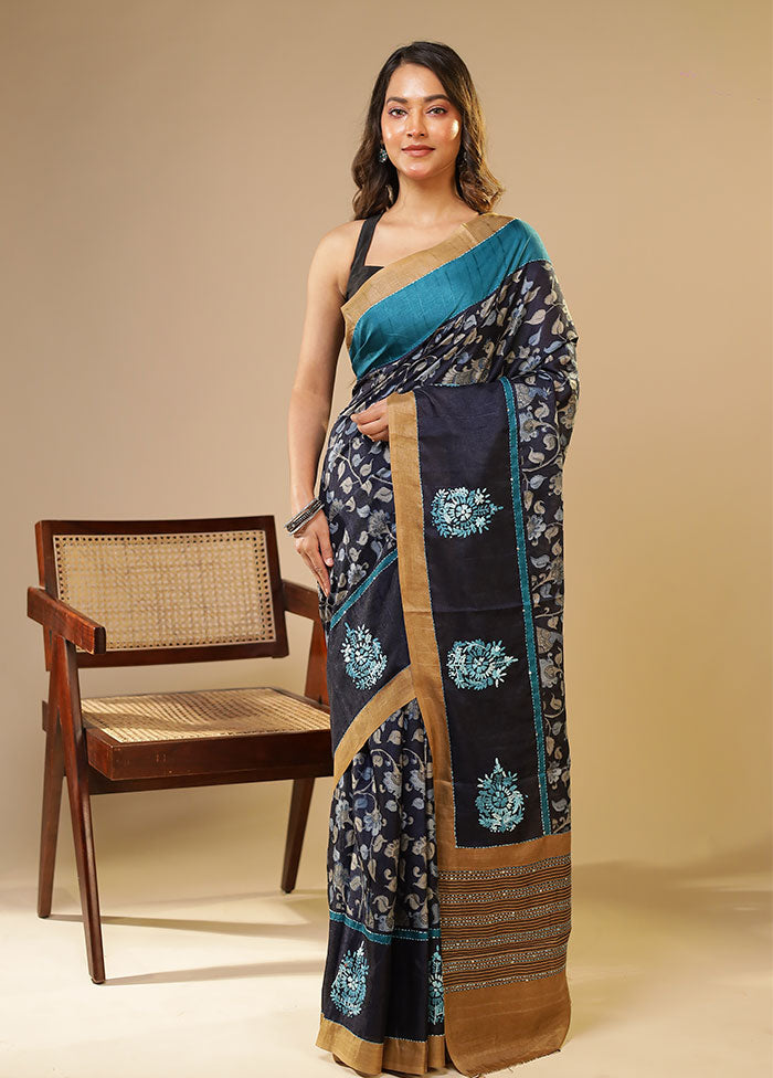 Blue Tussar Silk Saree With Blouse Piece