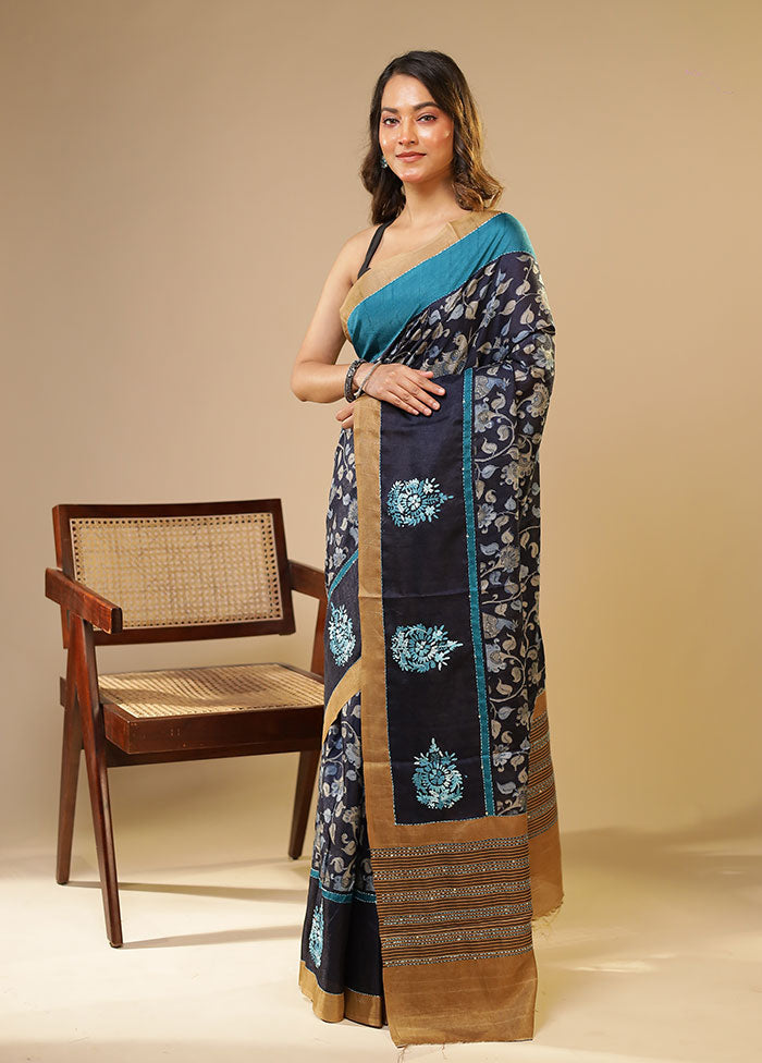 Blue Tussar Silk Saree With Blouse Piece