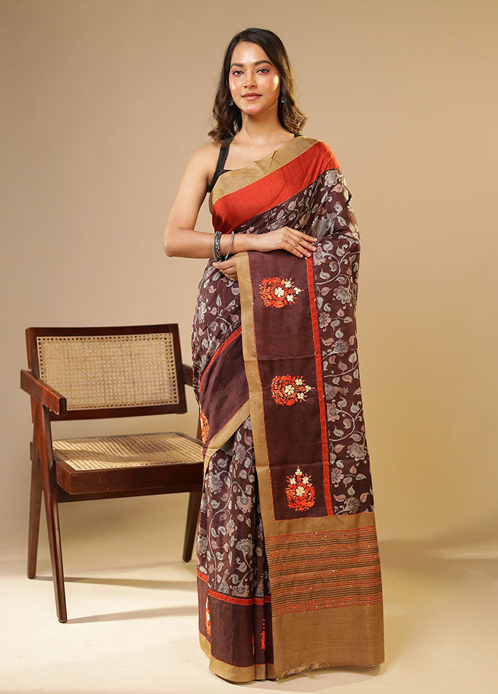 Maroon Tussar Silk Saree With Blouse Piece