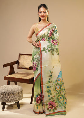 Green Handloom Tussar Pure Silk Saree With Blouse Piece
