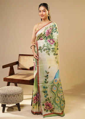 Green Handloom Tussar Pure Silk Saree With Blouse Piece