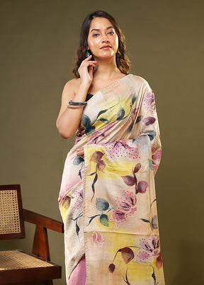Cream Handloom Tussar Pure Silk Saree With Blouse Piece