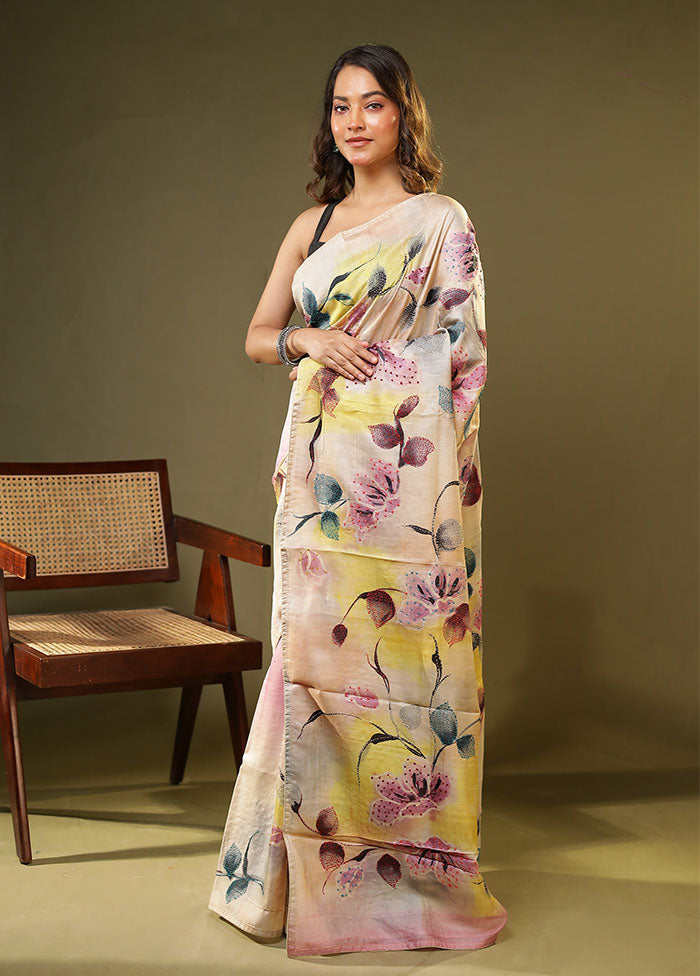 Cream Handloom Tussar Pure Silk Saree With Blouse Piece