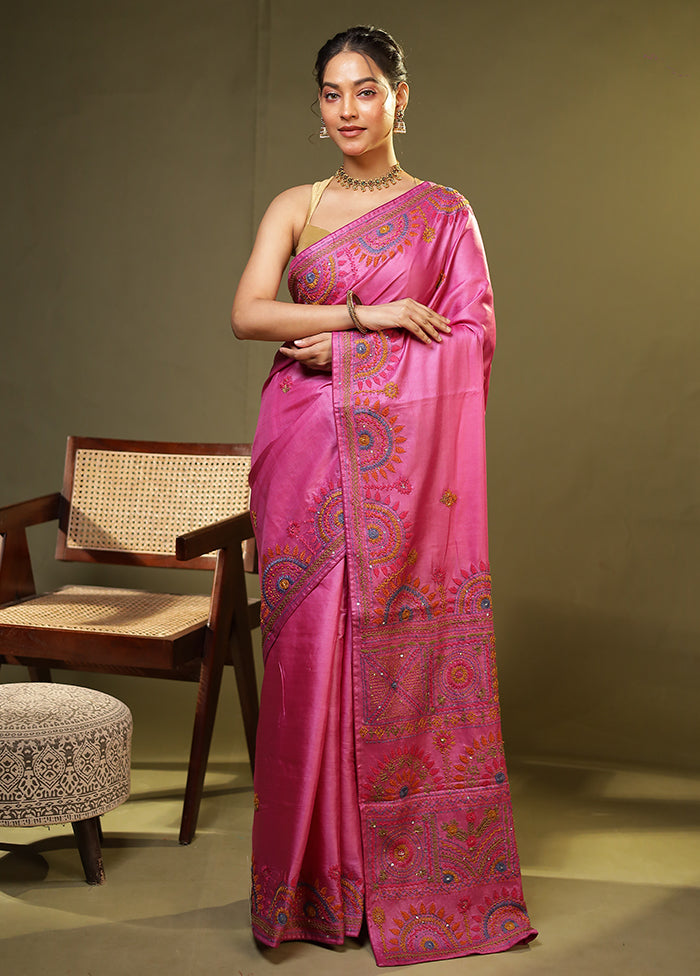 Pink Handloom Tussar Pure Silk Saree With Blouse Piece