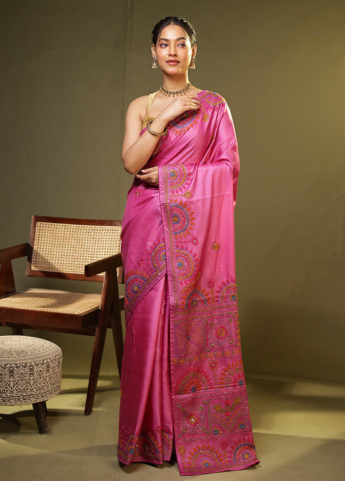 Pink Handloom Tussar Pure Silk Saree With Blouse Piece