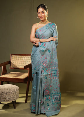 Green Handloom Tussar Pure Silk Saree With Blouse Piece