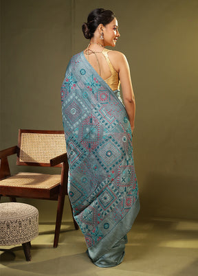 Green Handloom Tussar Pure Silk Saree With Blouse Piece