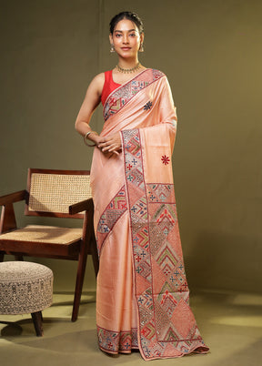 Peach Handloom Tussar Pure Silk Saree With Blouse Piece