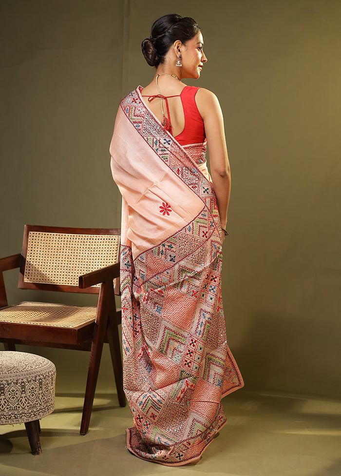Peach Handloom Tussar Pure Silk Saree With Blouse Piece