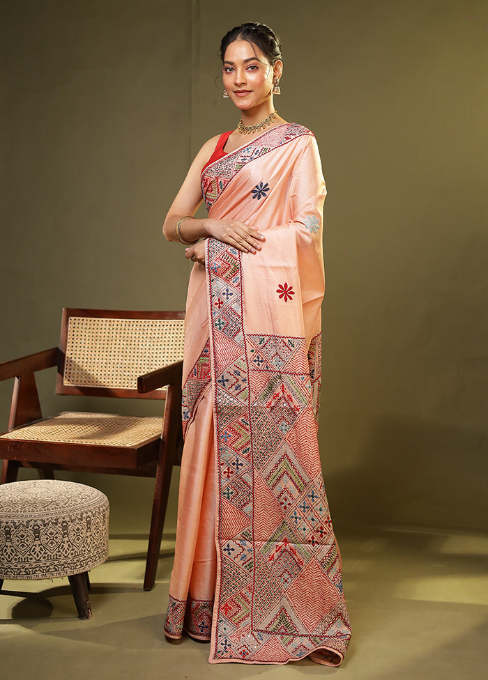 Peach Handloom Tussar Pure Silk Saree With Blouse Piece