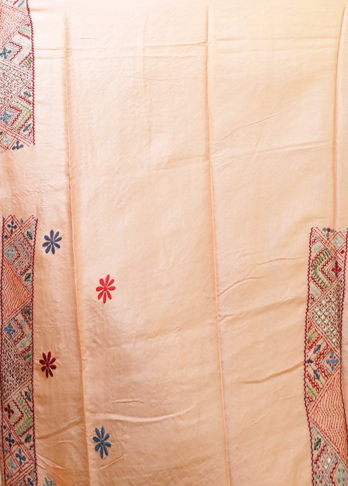 Peach Handloom Tussar Pure Silk Saree With Blouse Piece