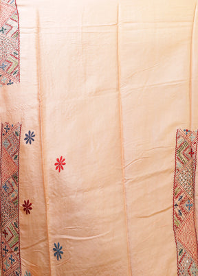 Peach Handloom Tussar Pure Silk Saree With Blouse Piece