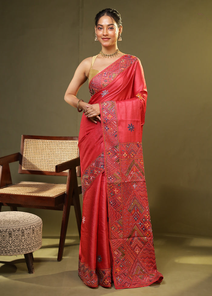 Pink Handloom Tussar Pure Silk Saree With Blouse Piece