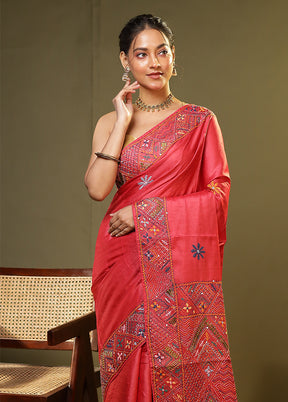 Pink Handloom Tussar Pure Silk Saree With Blouse Piece