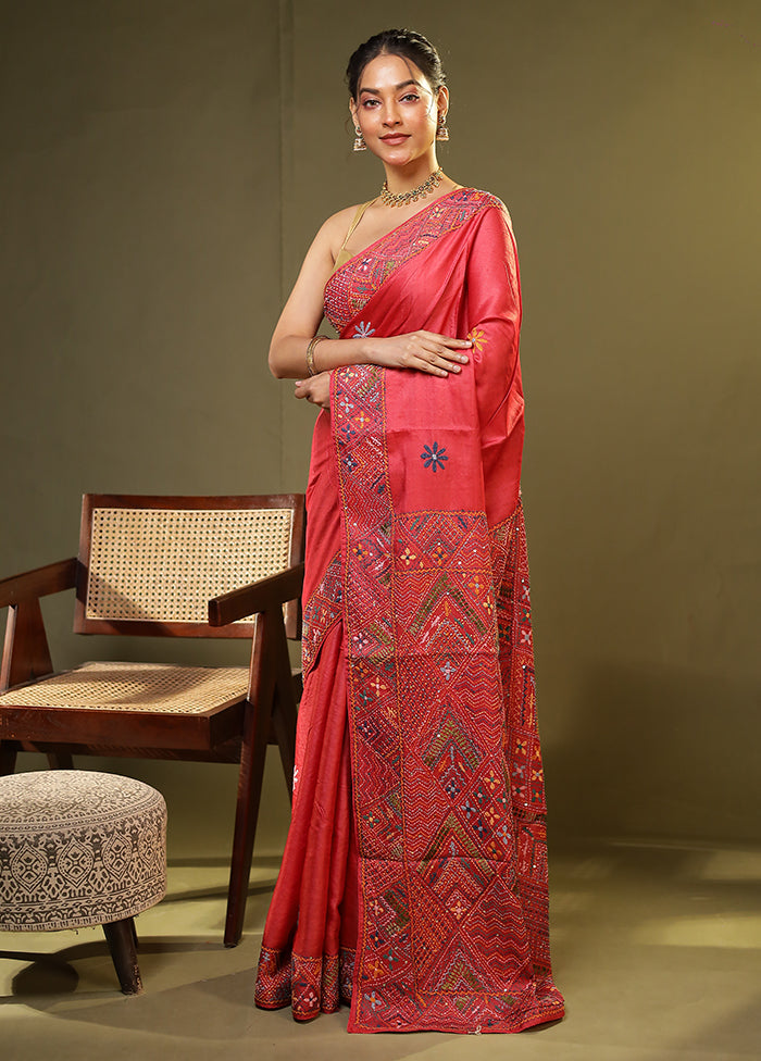 Pink Handloom Tussar Pure Silk Saree With Blouse Piece