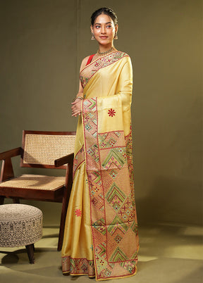 Yellow Handloom Tussar Pure Silk Saree With Blouse Piece