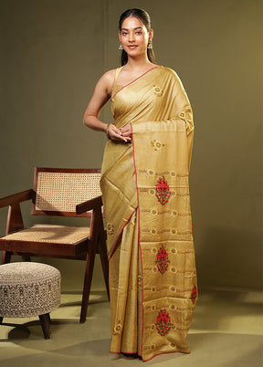 Green Handloom Tussar Pure Silk Saree With Blouse Piece