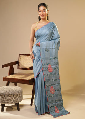 Blue Handloom Tussar Pure Silk Saree With Blouse Piece