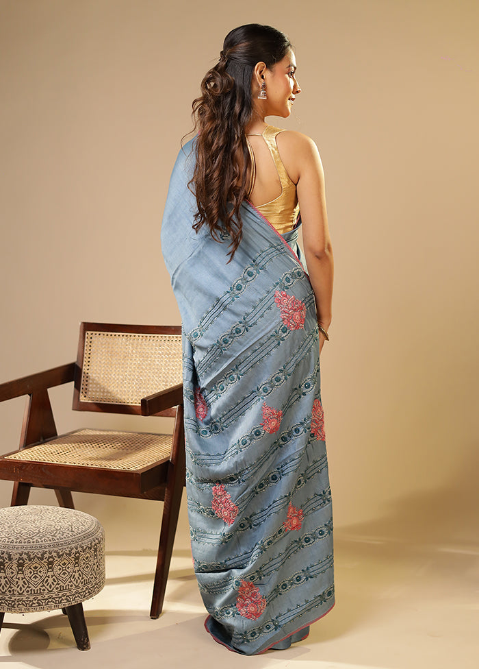 Blue Handloom Tussar Pure Silk Saree With Blouse Piece