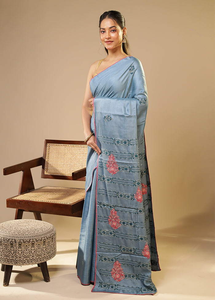 Blue Handloom Tussar Pure Silk Saree With Blouse Piece