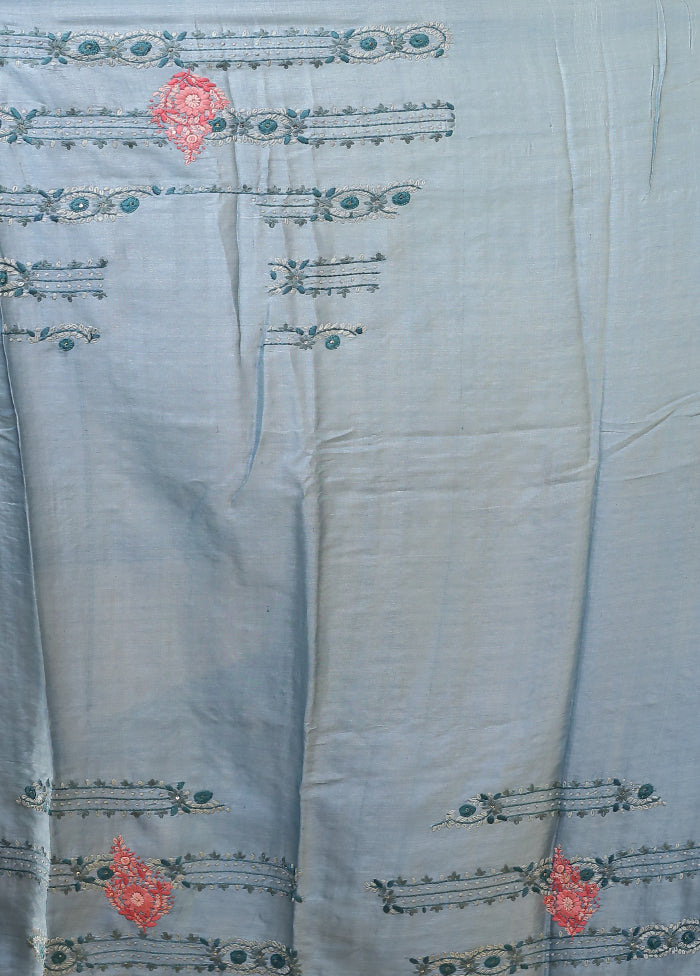 Blue Handloom Tussar Pure Silk Saree With Blouse Piece