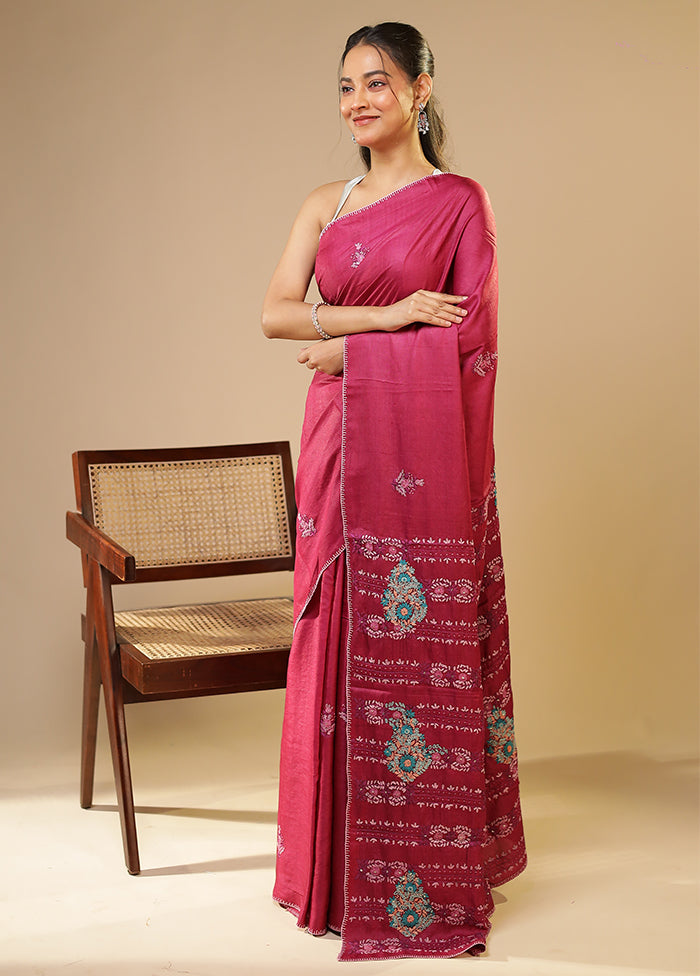 Purple Handloom Tussar Pure Silk Saree With Blouse Piece