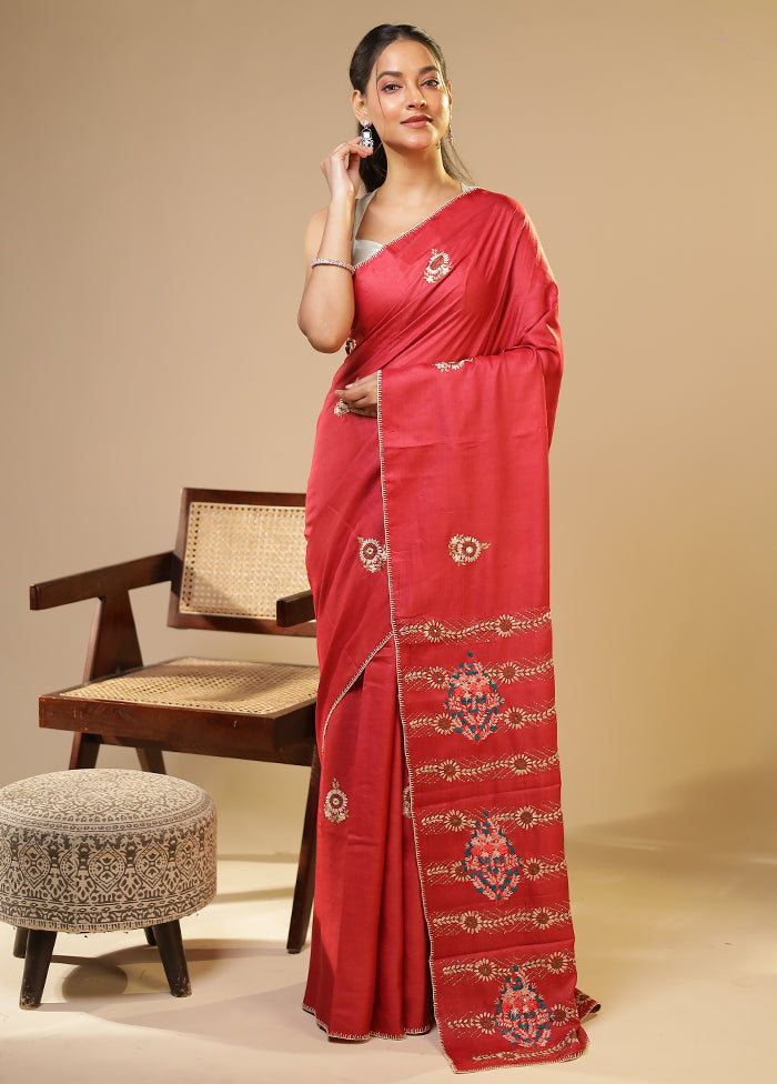 Red Handloom Tussar Pure Silk Saree With Blouse Piece