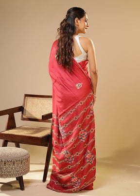 Red Handloom Tussar Pure Silk Saree With Blouse Piece